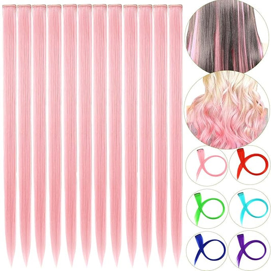 12 PCS Pink Hair Extensions Clip in, 22" Colored Highlights, Synthetic Straight Hair Piece DIY Accessories for Daily Party