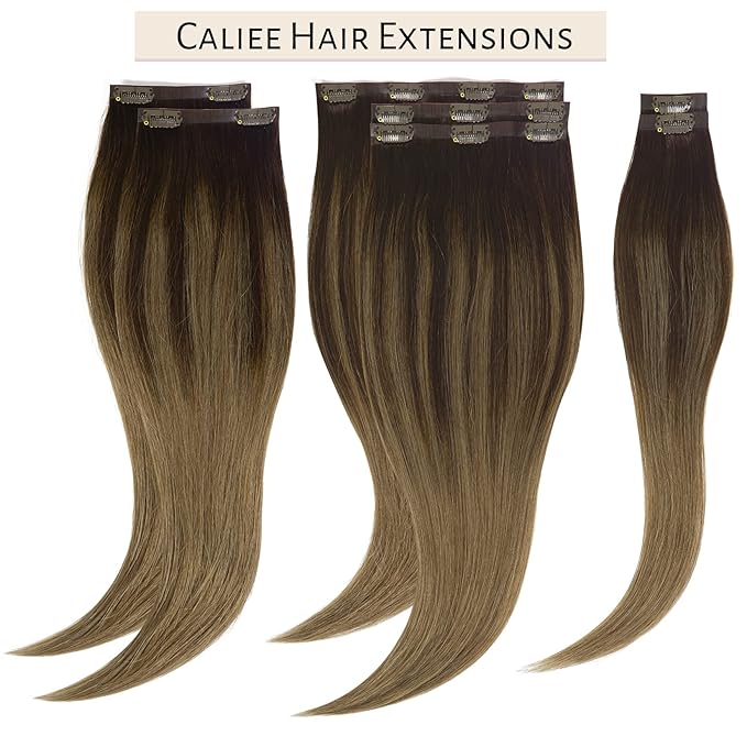 Caliee Clip in Hair Extensions Human Hair 18 Inch Dark Brown to Chestnut Brown Balayage Straight Human Hair Clip in Extensions 110G Ultra Thin PU Weft 7 Pieces