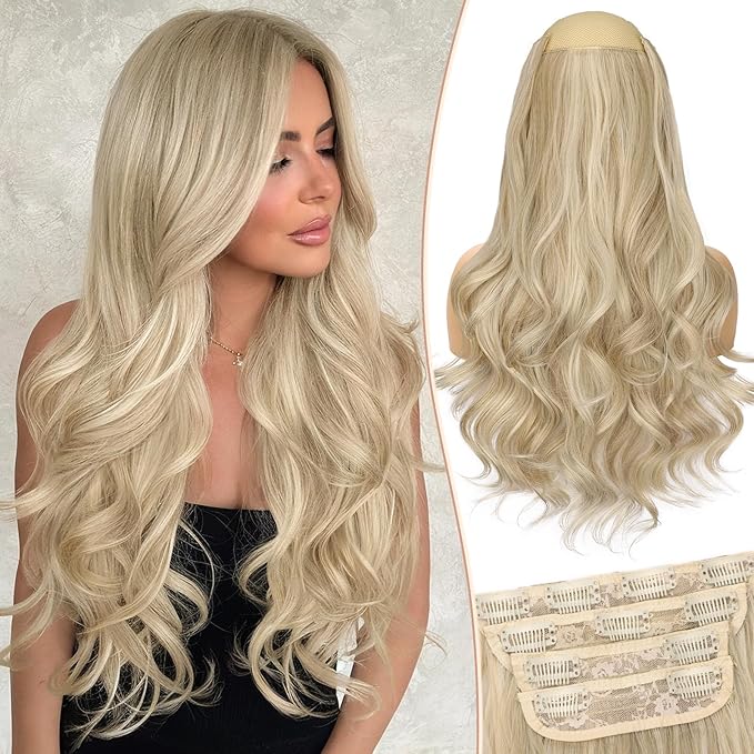 Kookastyle Clip in Hair Extensions 4 pcs Natural Long Synthetic Curly Hairpieces Layered Soft Invisible for Women Light Brown with Platinum Blonde 20 Inch