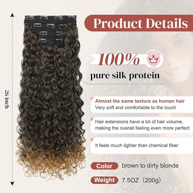 LONAI 4PC Clip in Hair Extensions, 100％ Pure Protein Silk Curly Hair Extension for Women, 26 Inch Long Soft Natural Hair Extensions-Brown to Dirty Blonde