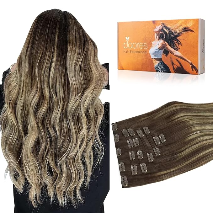 DOORES Clip in Human Hair Extensions Balayage Chocolate Brown to Honey Blonde 20 Inch 7pcs 120g Real Hair Extensions Clip in Straight Thick Natural Remy Hair Extensions