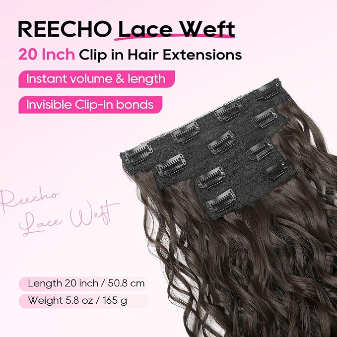 REECHO Curly Hair Extensions, 4PCS 20 inch Clip in Hair Extensions Lace Weft Short Curly Hair Extension Clip Ins Invisible Natural Hairpieces for Women, Off Black