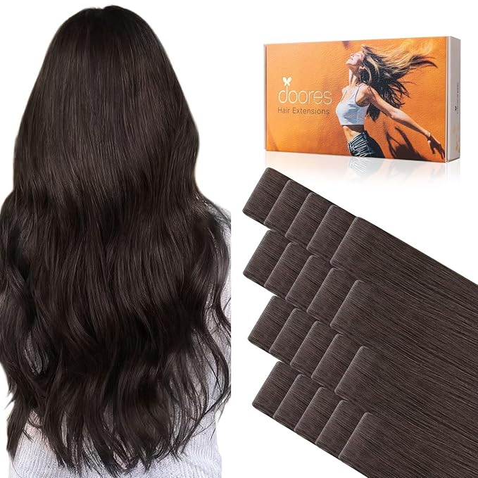 DOORES Invisi Edge Tape in Human Hair Extensions, Light Dark Brown 10 Injection Tape-ins with 10 Injection Tape-ins 50g 20 Inch, Injected Tape in Extensions Straight Thick Ends