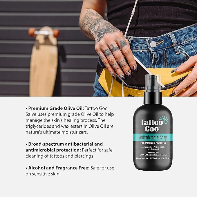 Tattoo Goo Aftercare Kit Includes Antimicrobial Soap, Balm, and Lotion, Tattoo Care for Color Enhancement + Quick Healing - Cruelty-Free, Petroleum-Free, Tattoo Artist Gifts (3 Piece Set)