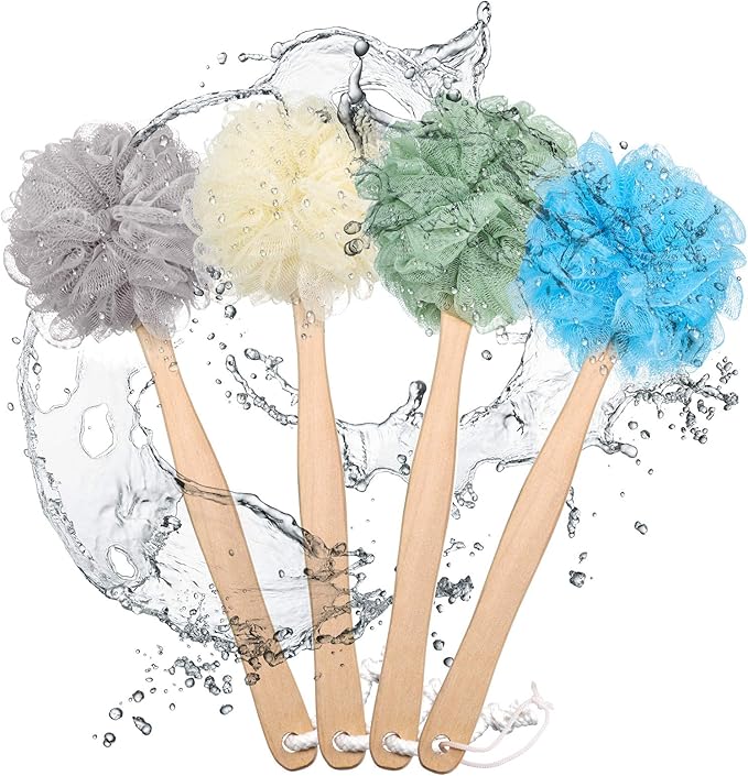 4 Pieces Loofah Back Scrubber Bath Sponge with Wooden Handle Long Handle Sponge Mesh on a Stick for Shower Exfoliating Bath Body Brush Luffa Back Brush for Women Men
