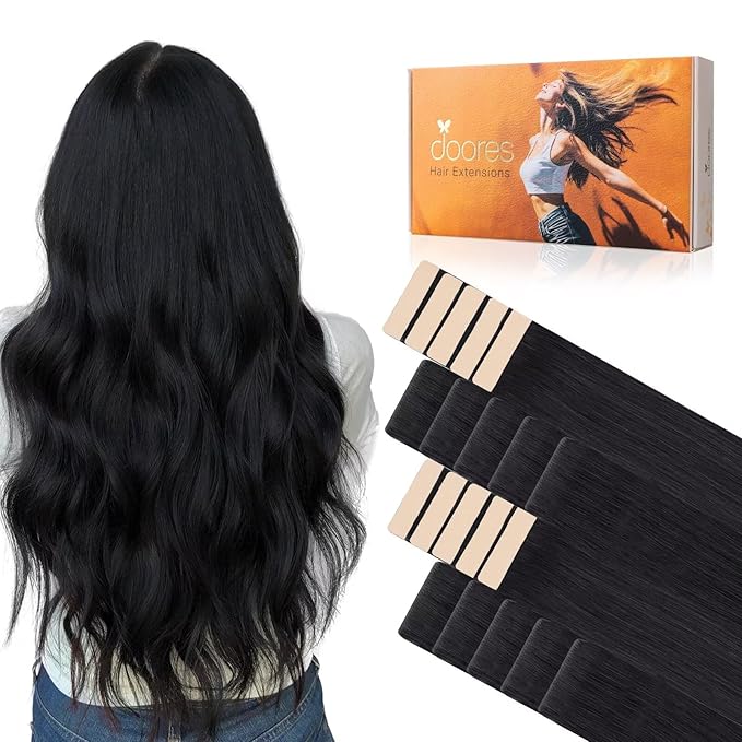 DOORES Injection Tape in Hair Extensions Invisi Edge, Jet Black 10 Injection Tape-ins with 10 Classic Tape-ins 50g 14 Inch, Injected Tape in Extensions Virgin Human Hair Seamless
