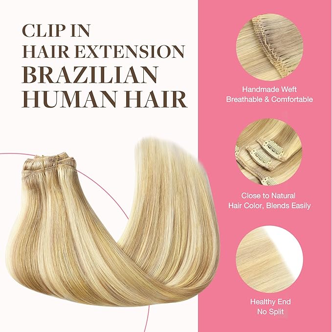 GOO GOO Clip in Hair Extensions Real Human Hair, Remy Human Hair Extensions Clip ins for Women, Natural Human Hair, 18inch 150g 9Pcs, 18D/22F Dirty Blonde Highlights