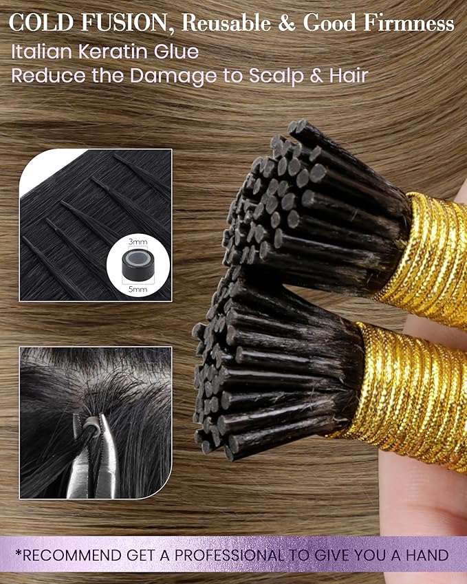 LaaVoo Itip Human Hair Extensions Balayage Brown I Tip Hair Extensions Medium Brown Ombre Light Brown to Golden Brown 20" 50g 60s