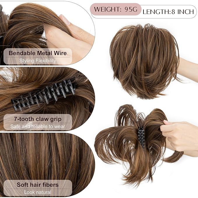 Claw Clip Short Ponytail Hair Extensions Messy Bun Hair Piece Pony Tails Hair Extensions with Bendable Metal Wire Hair Pieces DIY Style 6H27 Dark Flaxen & Dirty Blonde 8 Inch
