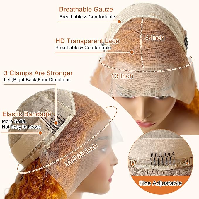 Ginger Wig Human Hair 13x4 deep wave Ginger Orange Lace Front Wigs Human Hair HD Transparent Lace Frontal 350 Colored Human Wig Pre Plucked 180% Density 24inch