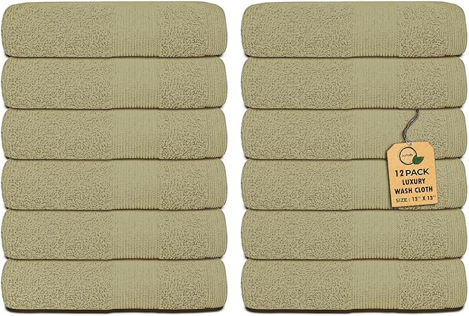 Premium Wash Cloths Pack of 12 (13" x 13") 100% Ring Spun Cotton | Luxury Washcloths | Ultra Soft Face Towels | Highly Absorbent Wash Cloths for face (Sage Green)