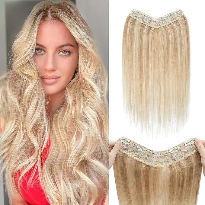 Benehair One Piece Clip in Hair Extensions Real Human Hair 3/4 Full Head Lace Net V Shaped Weft Thicker Hair One Piece Hair Extensions with 5 Clips (12"-55g #18P613 Ash Blonde Mixed Bleach Blonde)