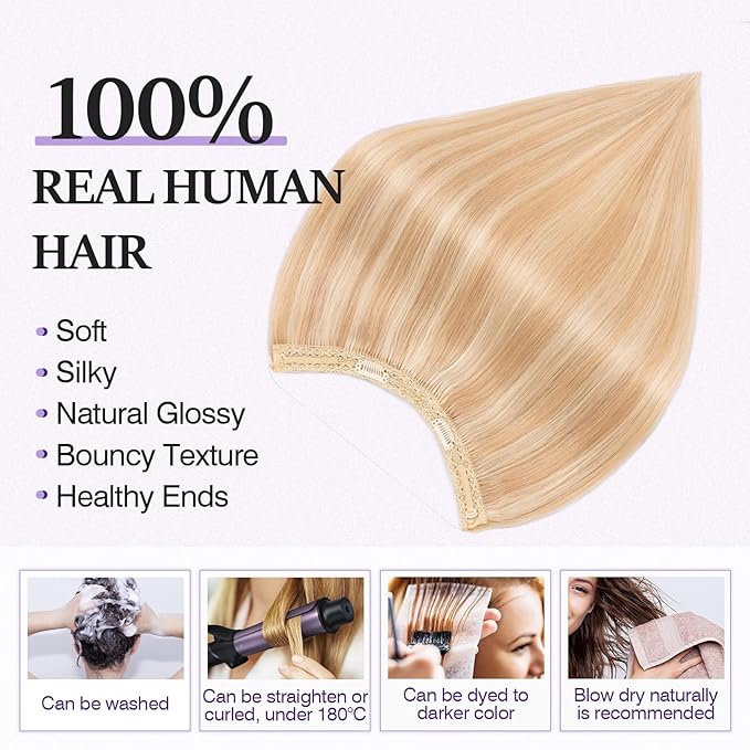 Halo Hair Extensions Real Human Hair,Halo Hair Extension 100% Human Hair,Wire Hair Extensions,Thicker 18P613 Gold Blonde Mixed Bleach Blonde 16inch/80g
