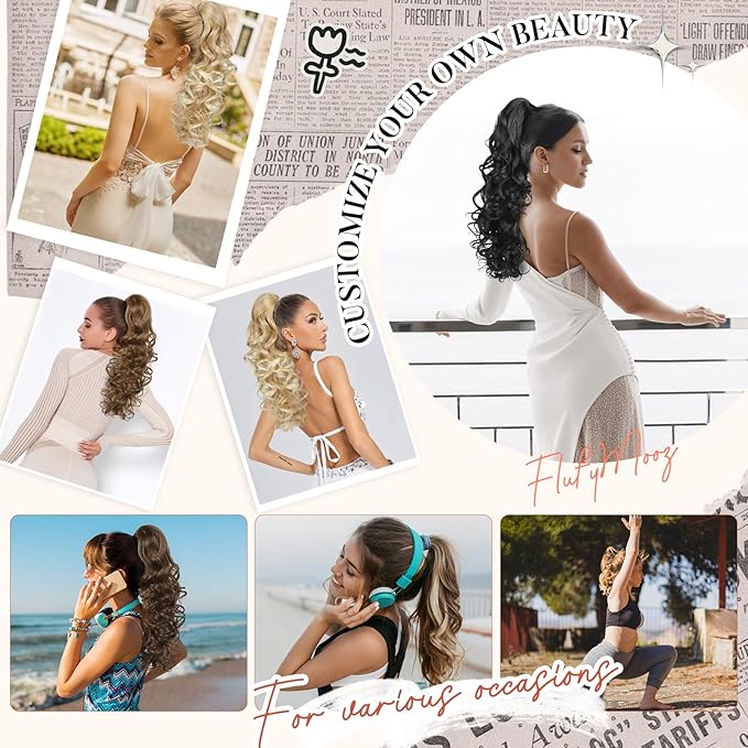 Flufymooz Ponytail Extension, 18 inch Wavy Curly Claw Clip Ponytail Extension Clip on Ponytails Natural Synthetic Hairpiece for Women Daily Wear (Medium Blonde with Light Blonde)