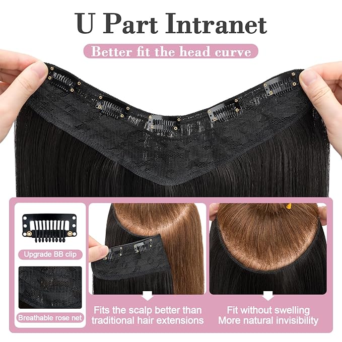 S-noilite One Piece Clip in Hair Extensions 18 Inch U-Shaped One Piece Hair Extensions with 5 Clips 3/4 Full Head Long Straight Clip in Hair Weft Synthetic Black Clip in Hairpieces for Women,#3