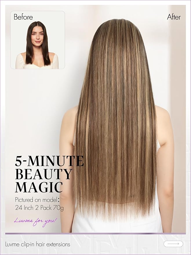 LUVME Clip in Hair Extensions, Straight Seamless 16 Inch 70g 4Pcs Chestnut Brown, 100% Real Remy Human Hair, Soft Natural Full Max Invisible Comfortable Hair Extensions for Women