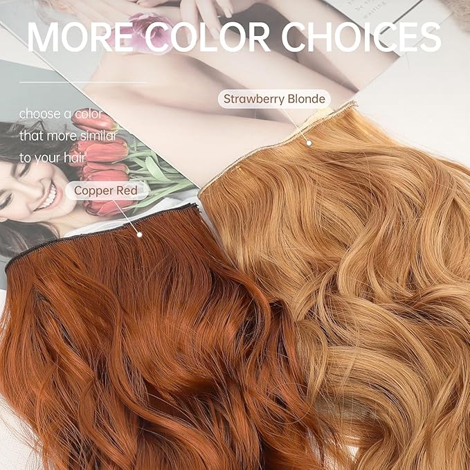 KooKaStyle Invisible Wire Hair Extensions with Transparent Headband Adjustable Size 4 Secure Clips Long Wavy Secret Wire Hairpiece 24 Inch for Women(Medium Reddish Blonde)