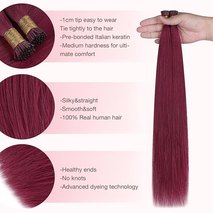 GOO GOO Colored I Tip Hair Extensions, Real Human Hair, 22inch 50g 50S, Cold Fusion, Invisible Remy, Burgundy Red