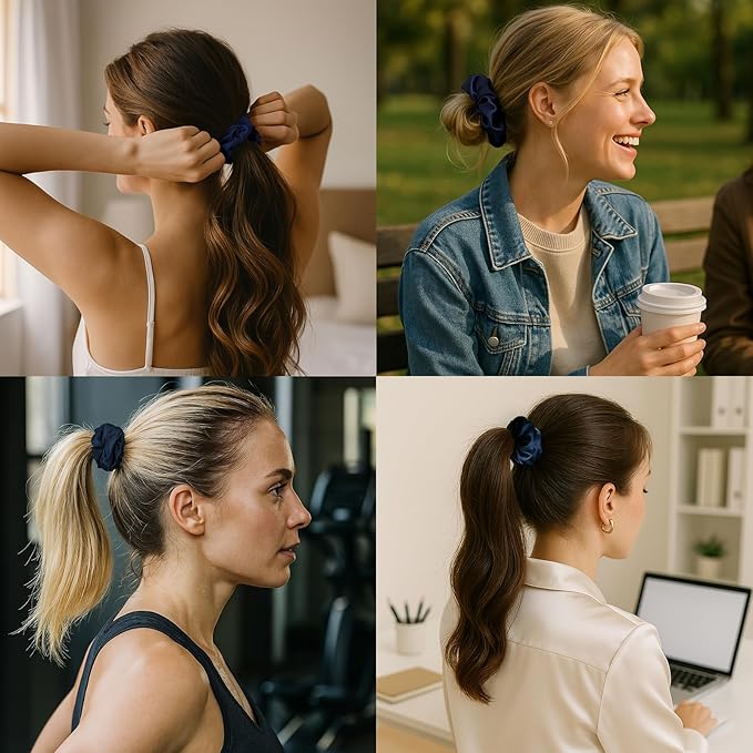 100% Mulberry Silk Scrunchies for Women and Girls,Pure Silk Hair Tie,No-Crease Ponytail Holder,Soft & Gentle on Hair,Elastic Band for All Hair Types,1 Pack,Navy Blue