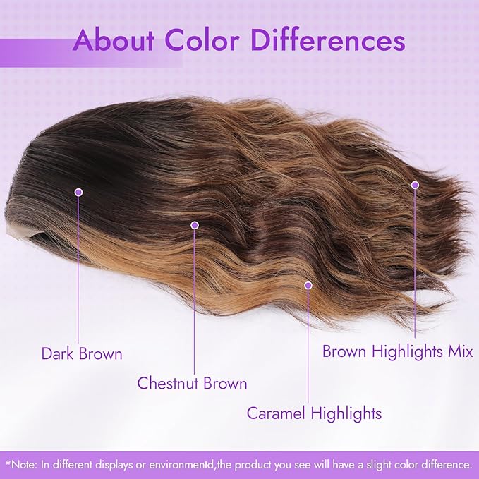 Brown Highlight Short Wavy Wig for Women Lace Hairline Bob Style Synthetic Heat Resistant - Natural Appearance for Everyday Hairstyle 14 Inch