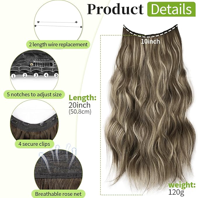 KooKaStyle Invisible Wire Hair Extensions with Transparent Headband Adjustable Size 4 Secure Clips Long Wavy Secret Wire Hairpiece 20 Inch 18H24#Medium Brown Ash Blonde for Women