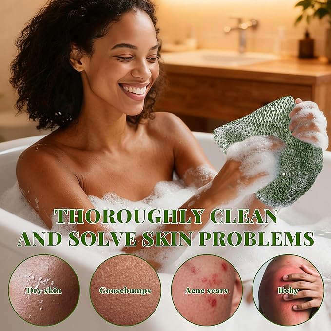 African Net Sponge Authentic, 3 Pieces Exfoliating Scrubber Bath Sponge for All Skin Types, Back Scrubber Loofah Washcloth for Shower, Gentle Exfoliation (Dark Green,Light Green,Rose Red)