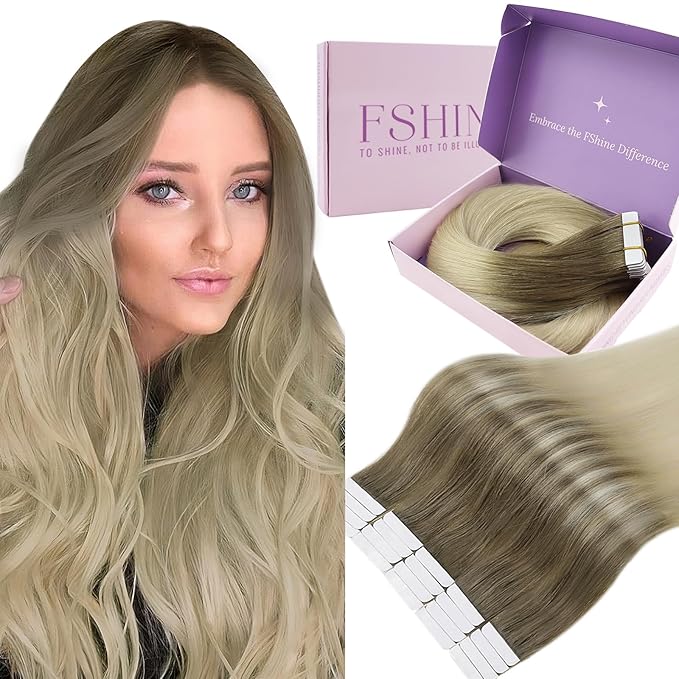 Fshine Tape in Human Hair Ombre 18 Inch Ash Brown Fading to Platinum Blonde Tape in Human Hair Extensions 20pcs 50g Straight Natural Silky Remy Hair Straight Hair Extensions for Women