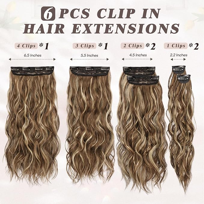 BARSDAR Highlight Clip in Hair Extensions - 20 Inch Wavy Clip in Hair Extensions for Women - 6PCs Soft Thick Synthetic Hair Extensions Clip ins Hairpieces Daily - Medium Brown & Blonde
