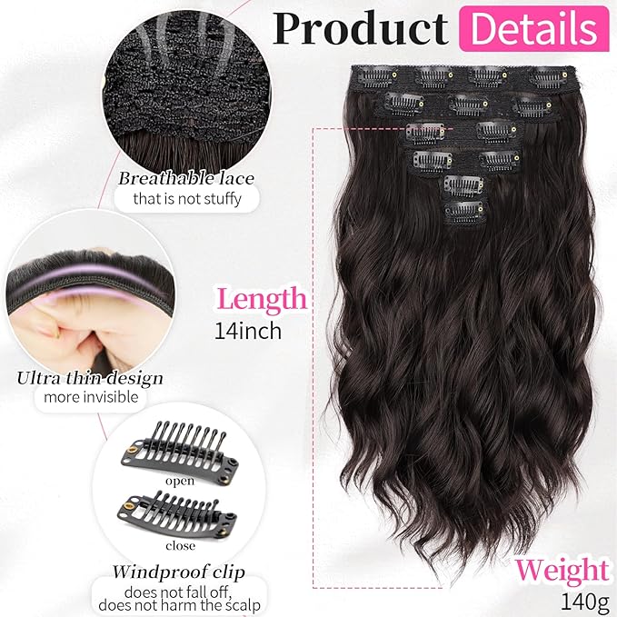 KooKaStyle 6PCS 14 Inch Short Hair Extensions Wavy Curly Clip in Extensions for Women - Dark Brown Synthetic Hairpieces for Daily Chic Look