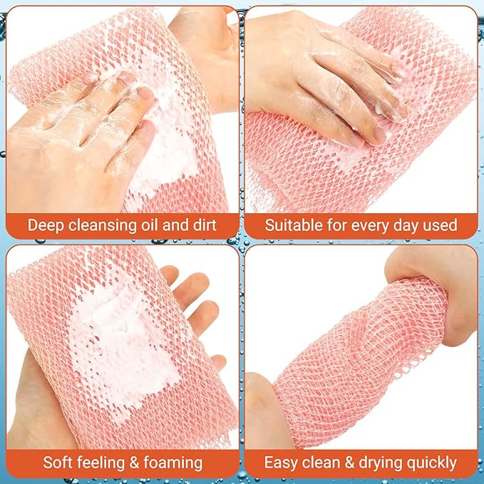 Geiserailie African Net Sponge Long Bathing Net Shower Body Scrubber Back Scrubber Skin Smoother Bathing Sponge for Daily Use or Stocking Stuffer(Light Pink)