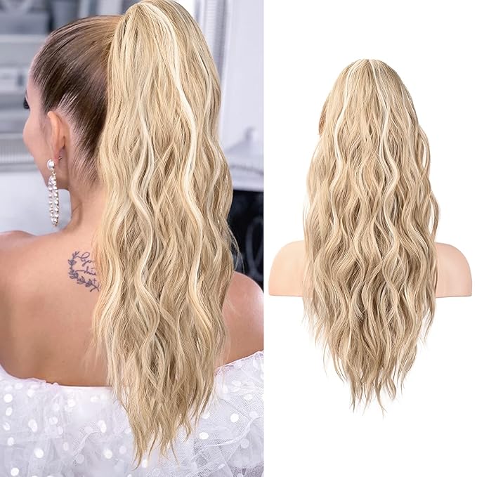 FLUFYMOOZ Ponytail Extension, 22 Inch Drawstring Ponytail Hair Extensions for Women， Long Curly Wavy Ponytail Natural Synthetic Hairpiece for Women (22 Inch Blonde with Blonde Highlights)