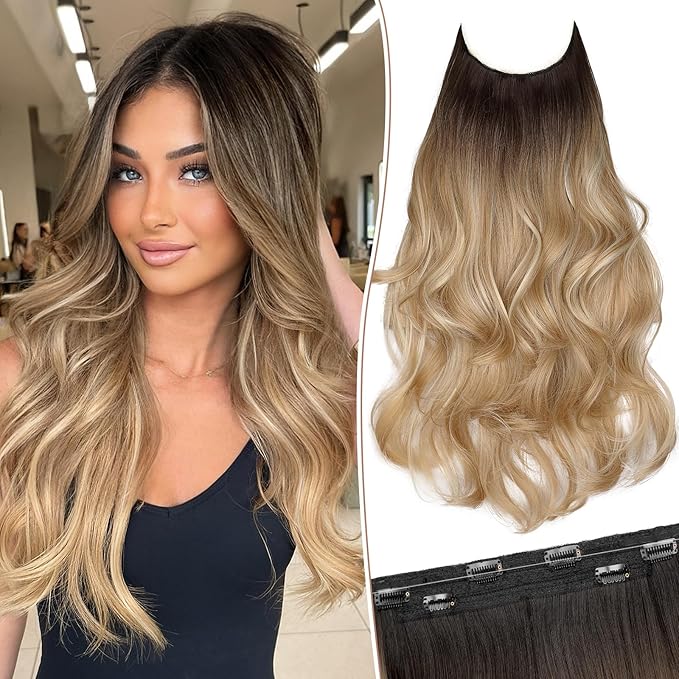 KooKaStyle Invisible Wire Hair Extensions Long Wavy Layered Synthetic Hair Extensions with Transparent Wire Adjustable Size 6 Secure Clips Brown to Blonde Hairpieces for Women 20 Inch