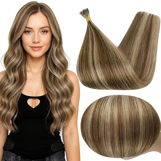 Full Shine I Tip Hair Extensions Human Hair Dark Brown Highlight Blonde Prebonded Human Hair Extensions 22 Inch 40 Grams Itips Extensions Remy Hair add Length
