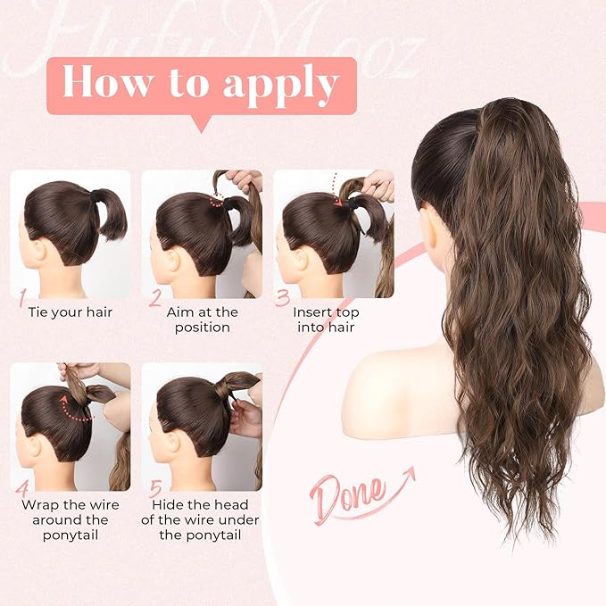 Flufymooz Ponytail Extension, Flexible Wrap Around Ponytail Extension Long Wavy Curly Ponytail Hair Extensions Natural pony tail Synthetic Hairpiece for Women 26 Inch (Black Brown)