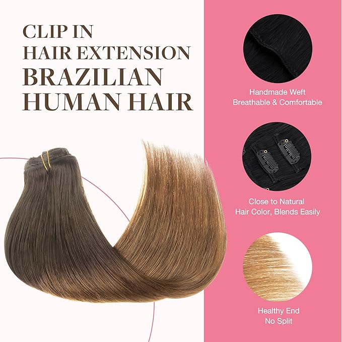 GOO GOO Clip in Hair Extensions Real Human Hair, Remy Human Hair Extensions Clip ins for Women, Natural Human Hair, 18inch 150g 9Pcs, 1D/2C/4E Chocolate Dip Color Melt