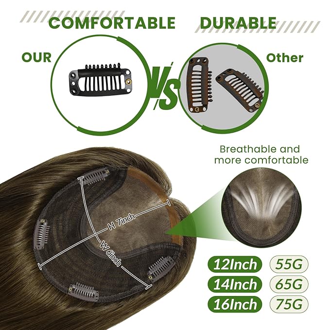 HAIR Real Human Hair Toppers for Women 150 Density 6x7inch 75 grams 16 inch medium dark brown for Women with Thinning Crown