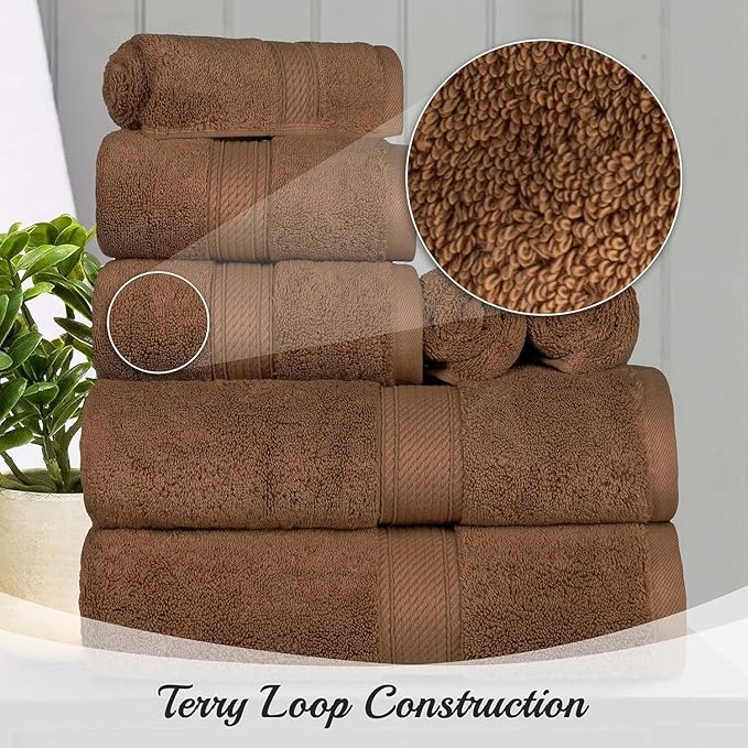 Superior Egyptian Cotton Pile Bath Towel Set of 4, Ultra Soft Luxury Towels, Thick Plush Essentials, Absorbent Heavyweight, Guest Bath, Hotel, Spa, Home Bathroom, Shower Basics, Chocolate