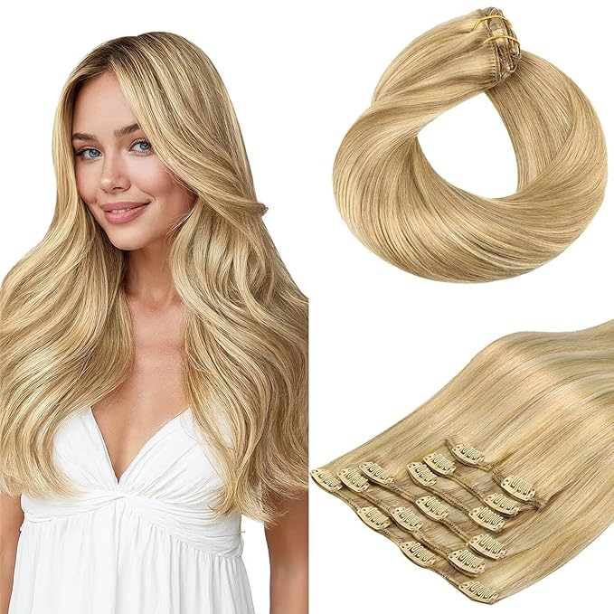 HOTBANANA Human Hair Clip in Hair Extensions, Balayage Light Blonde Highlighted Golden Blonde (Ash Tone) 75g Real Human Hair Straight Remy Hair Extensions 12 Inch 7pcs