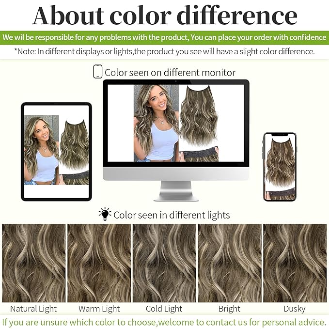 KooKaStyle Invisible Wire Hair Extensions with Transparent Headband Adjustable Size 4 Secure Clips Long Wavy Secret Wire Hairpiece 16 Inch 18H24#Medium Brown Ash Blonde for Women