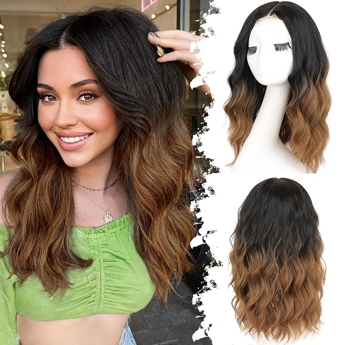 Ombre Brown Short Wavy Wig for Women Lace Hairline Bob Style Synthetic Heat Resistant - Natural Appearance for Everyday Hairstyle 18 Inch