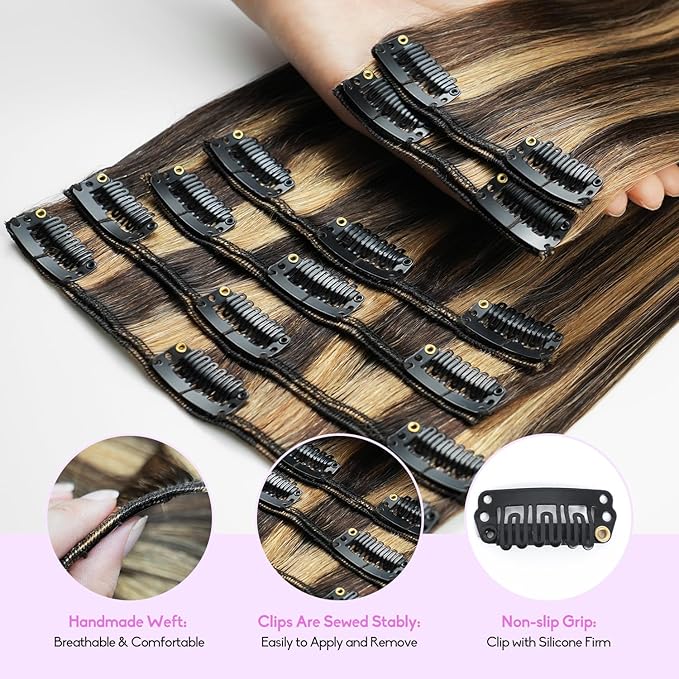 Clip in Hair Extensions Real Human Hair 8pcs Per Set with Double Weft 100% Seamless Hair Extensions for Women #Dark Brown Highlight Chestnut Brown 24inch 120g/4.2oz