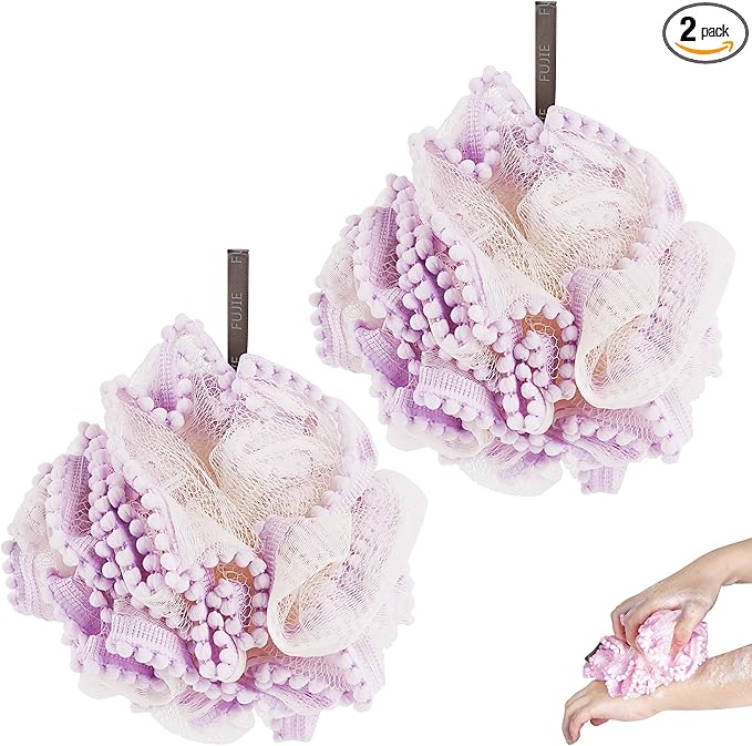 Loofah, Shower Bath Spong, Soft Shower Loofahs Balls, Globose lace Shower Ball, for Body Wash Scrubber Cleaning Loofah Bathroom Accessories (2Pcs) (Purple)