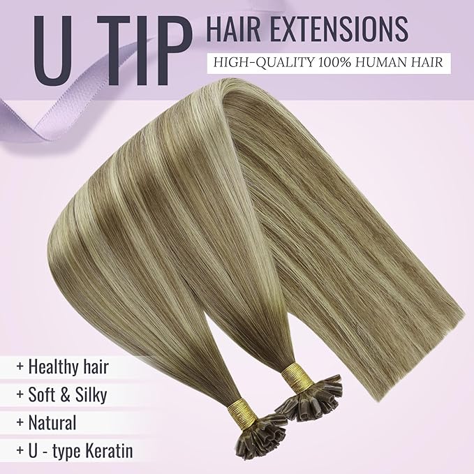 Fshine Ombre Pre Bonded Hair Extensions Remy Hair Dark Brown Fading to Light Brown and Golden Blonde U Tip Human Hair Extensions Hot Fusion Long Real Hair Extensions 22 Inch 40g