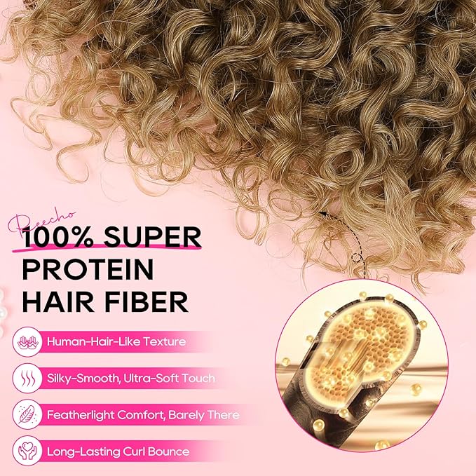REECHO Curly Hair Extensions - 4PCS 18" GoGo Curly Clip in Hair Extensions 100% Super Protein Hairpieces with Invisible Lace Weft Silky Soft Natural Look for Women - Light Golden Brown with Light Ends