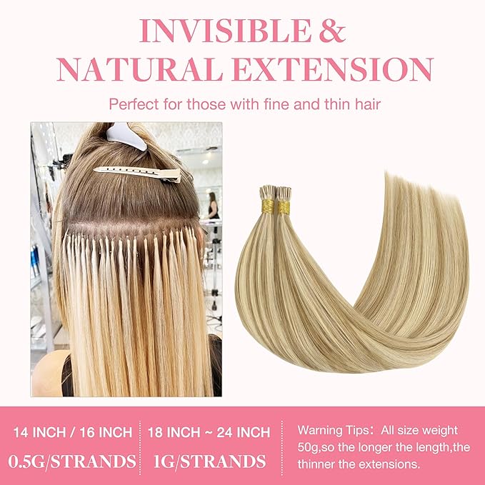 GOO GOO I Tip Hair Extensions Real Human Hair, 22inch 50g 50S, Invisible Remy Cold Fusion I Tip Hair Extensions, 16/22 Light Blonde Highlighted Golden Blonde