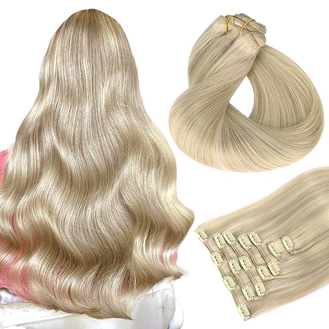HOTBANANA Human Hair Clip in Hair Extensions, Ash Blonde Highlighted Platinum Blonde Hair Extensions 75g Clip in Hair Extensions Real Human Hair Straight Remy Hair Clip Ins 12 Inch 7pcs