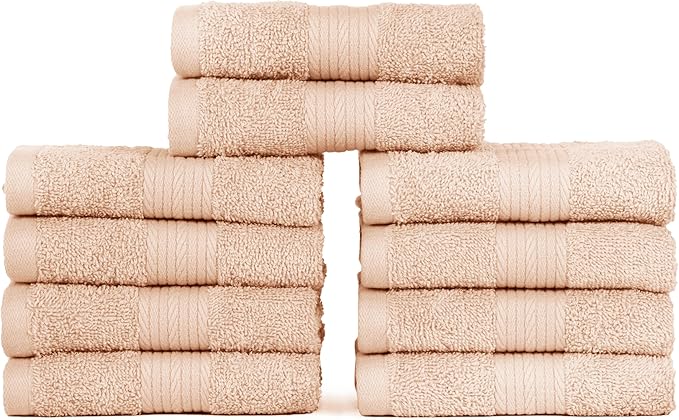 Ample Decor Wash Cloths Pack of 10, Oeko Tex Certified 600 GSM 100% Cotton Soft Absorbent, Premium Quality Durable Machine Washable, Ideal for Bathroom, Pool, Hotel, Spa – Beige