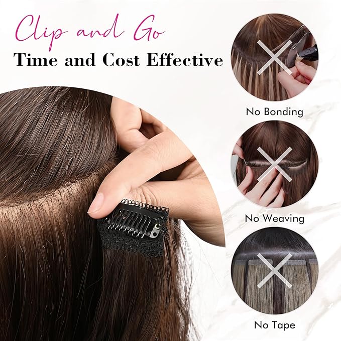REECHO Clip in Hair Extensions, 4PCS Blonde Hair Extensions 24" Thick Long Beach Waves hair extensions HE003 Invisible Lace Weft Natural Soft Hairpieces for Women – Medium Brown