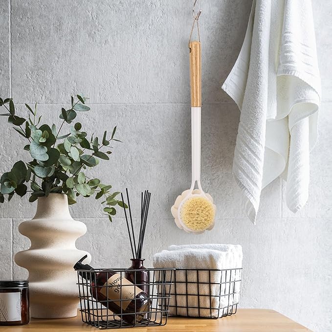 BTYMS Bath Sponge Back Brush Long Handle for Shower 17 Inch, Double Sided Exfoliating Back Scrubber Brush Shower Body Brush with Soft Bristles and Loofah