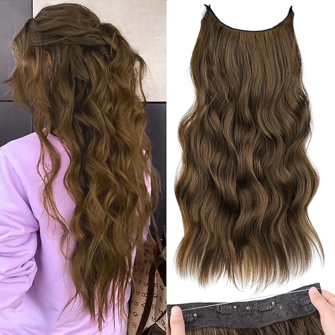 KooKaStyle Invisible Wire Hair Extensions with Transparent Headband Adjustable Size 4 Secure Clips Long Wavy Secret Wire Hairpiece 24 Inch for Women (24 Inch, Chestnut Brown)